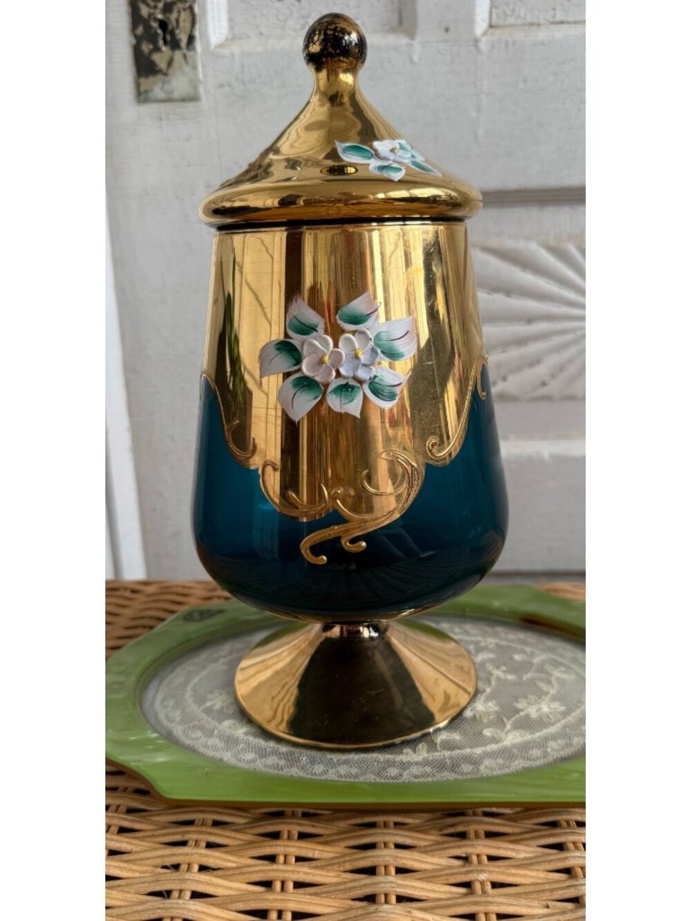 Vintage 50's Bohemian Glass Pedestal Candy/Apothecary Jar Gold Teal Floral